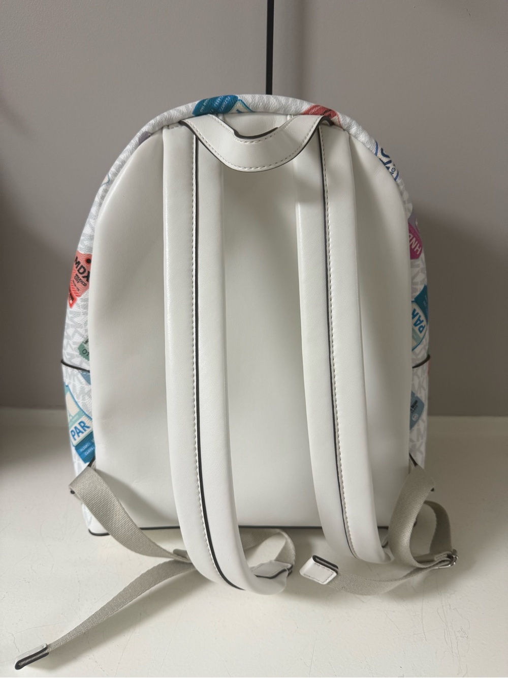 NWT!! Michael Kors White Mini Backpack with Multicolor Travel Tag Print - Picture 3 of 4